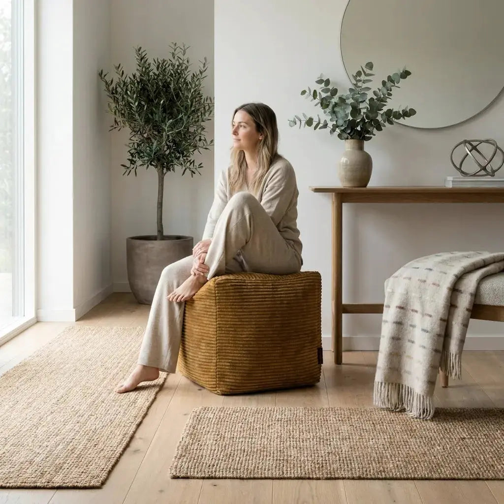 A woman sits on a mustard corduroy Sittpuff Up! Waves ottoman in a cozy, minimalist living room with natural decor.