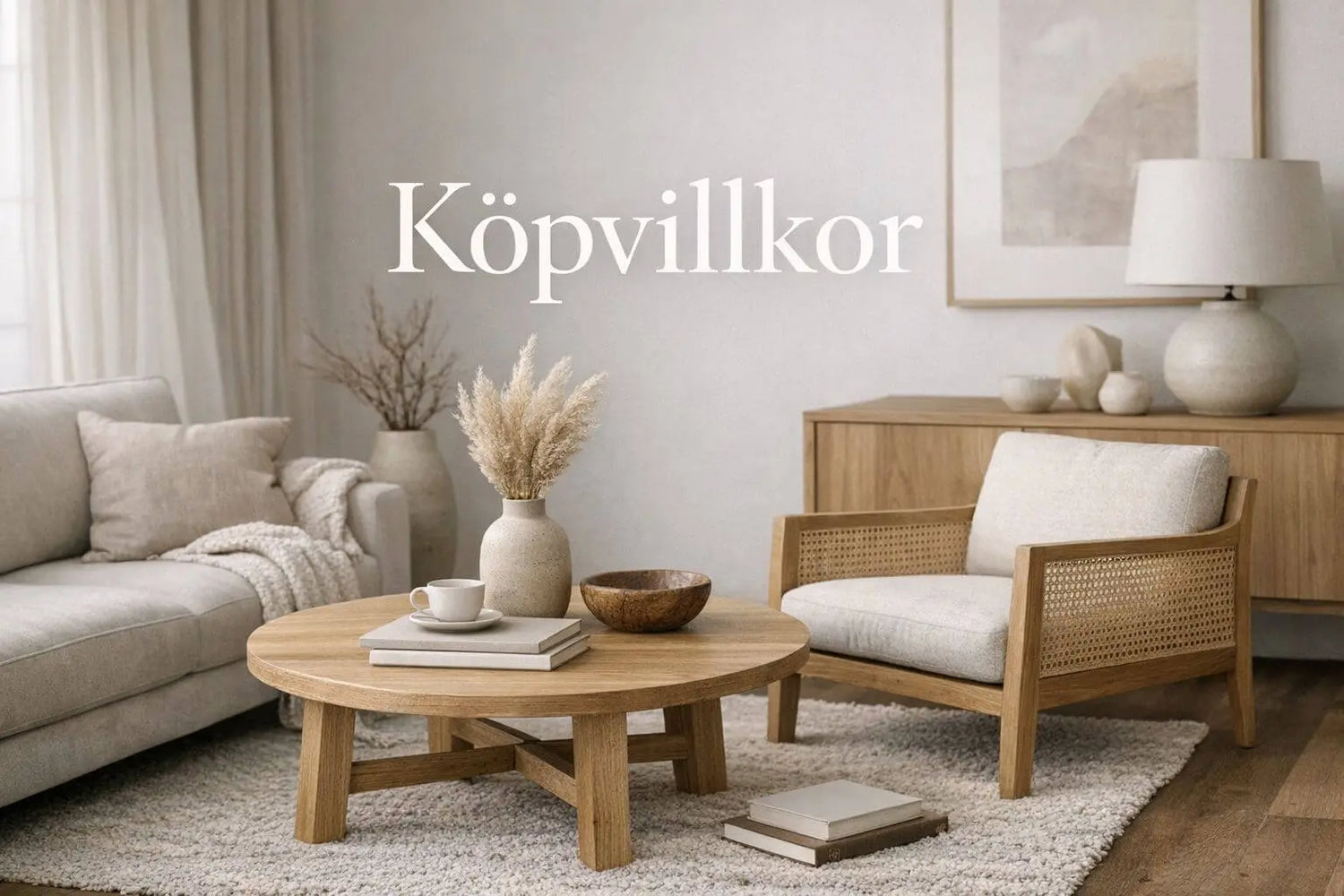 Bild av en stilren inredning med texten köpvillkor i fokus.