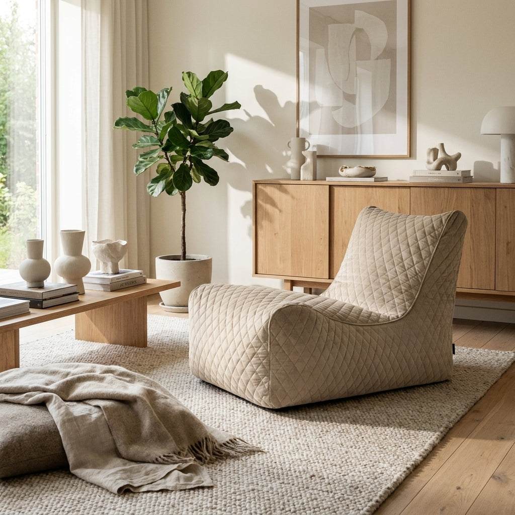 Lounge - en fotöljformad sittsäck i grått som erbjuder stöd för huvudet och ryggen.