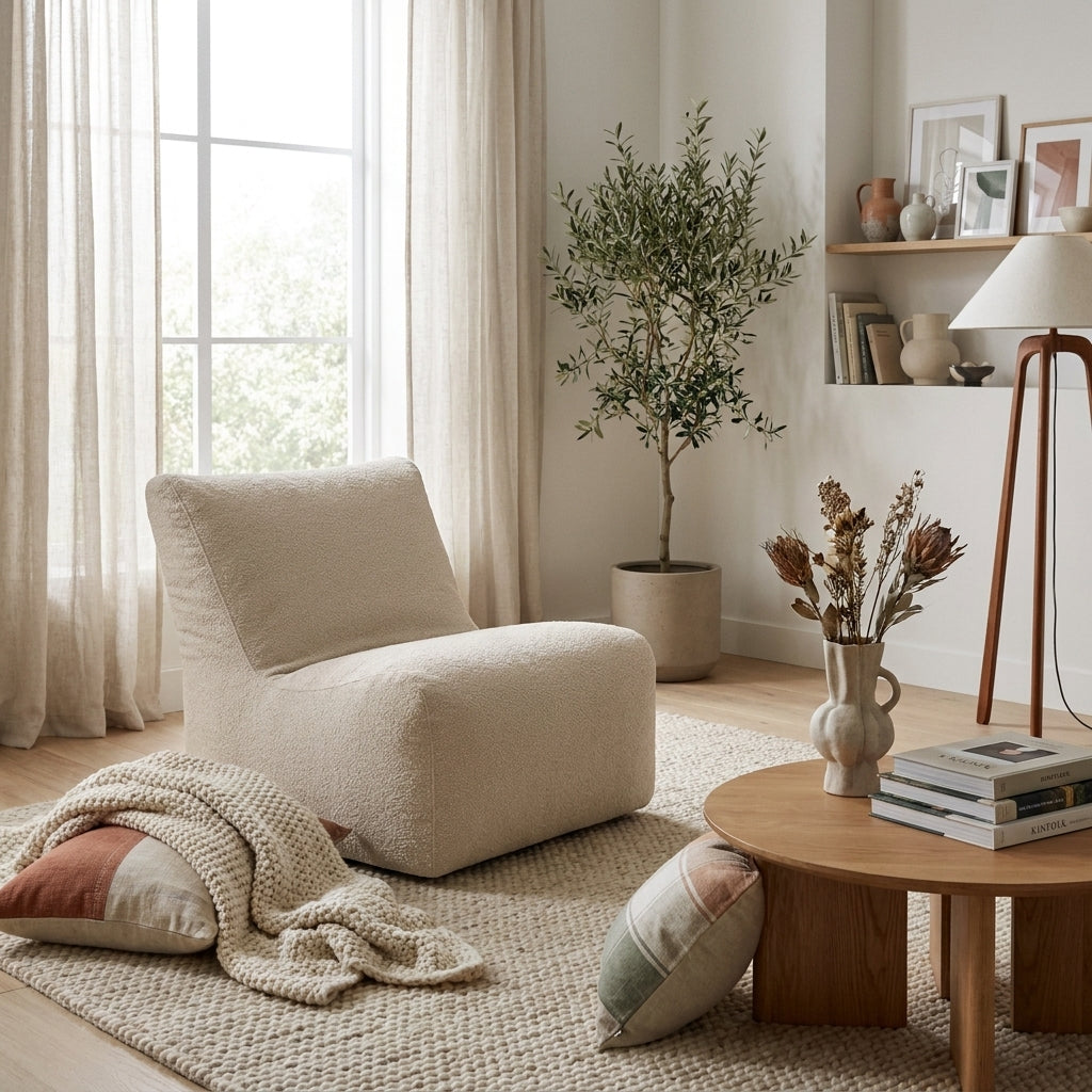 formbar sittsäck fåtölj i grått, designad för komfort och stöd, elegant fåtölj för avkoppling.