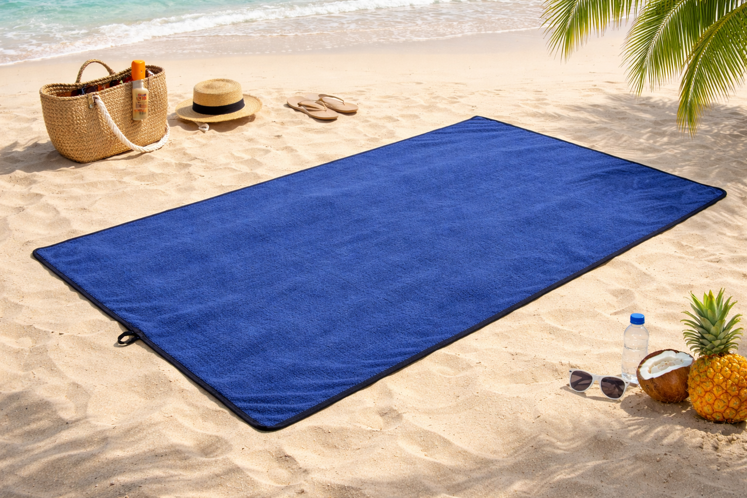 Premium strandhanddukar för solsäng och strand Navy 230x135 cm på stranden med sand och palmer.