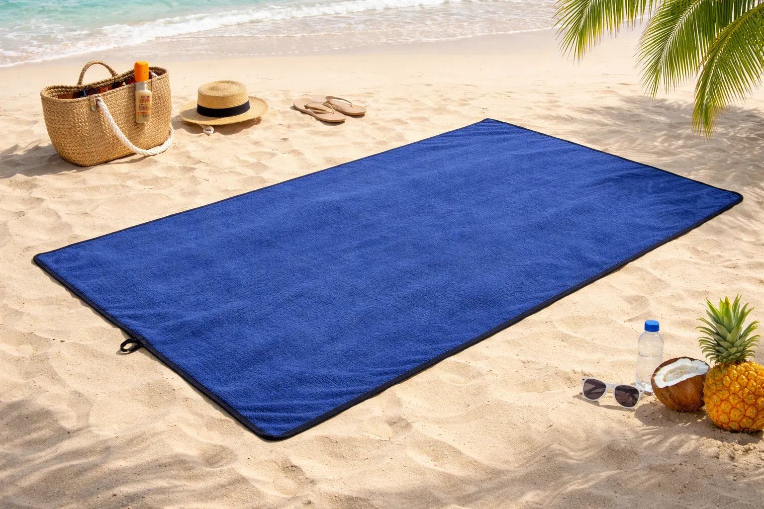 Premium strandhanddukar för solsäng och strand Navy 230x135 cm på stranden med sand och palmer.