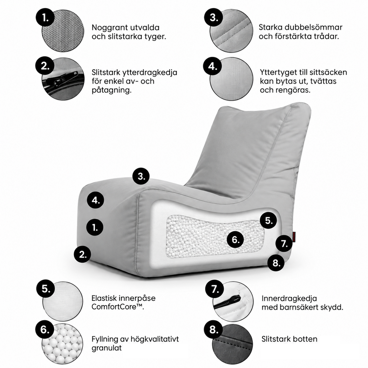 Sittsäck Fåtölj Seat Teddy White Grey