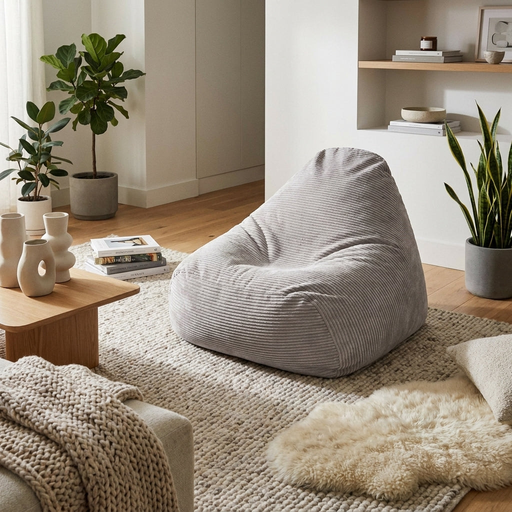 Fåtölj Sittsäck Snug 100 Waves White Grey in a cozy, minimalist living room with plants, wooden furniture, and a textured rug.