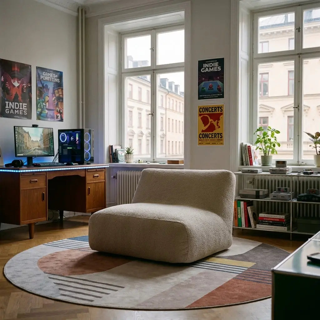 A cream-colored Sittsäck Soffa Tube Madu chair centered on a patterned rug in a bright, modern home office gaming setup.