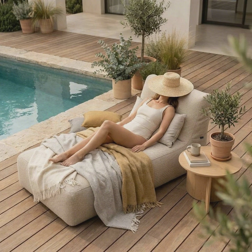 Ladda video: Sittsäck solsäng  - solsäng  90 Dunẽs sand, avkopplande vid poolen med ergonomiskt stöd och bekväma kuddar.