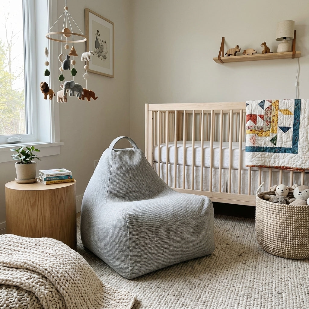 Cozy modern neutral nursery with a wooden crib, grey beanbag chair, animal mobile, and textured rug.