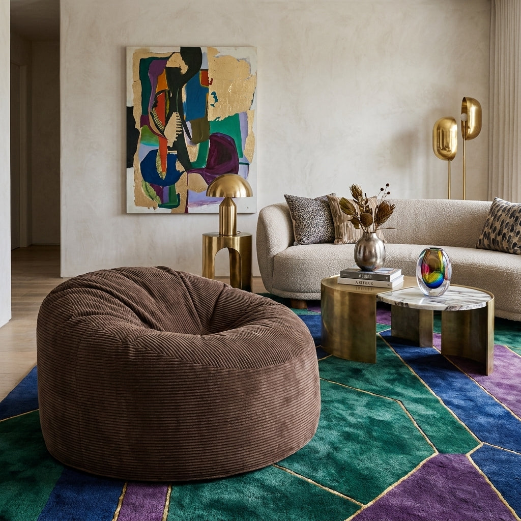 Fåtölj Sittsäck Om 135 Waves Chocolate in a modern, stylish living room with a colorful geometric rug and gold accents.