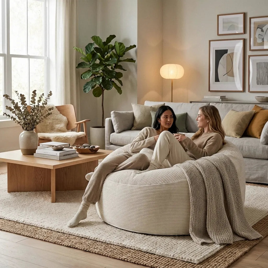 Two women relaxing on a cozy Fåtölj Sittsäck Om 135 Waves Snow beanbag chair in a stylish, modern living room.