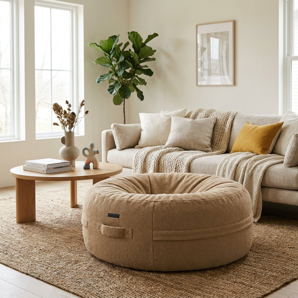 Saccosäck Roll 135 Teddy Camel bean bag in a cozy, modern living room with a neutral sofa and round wooden coffee table.