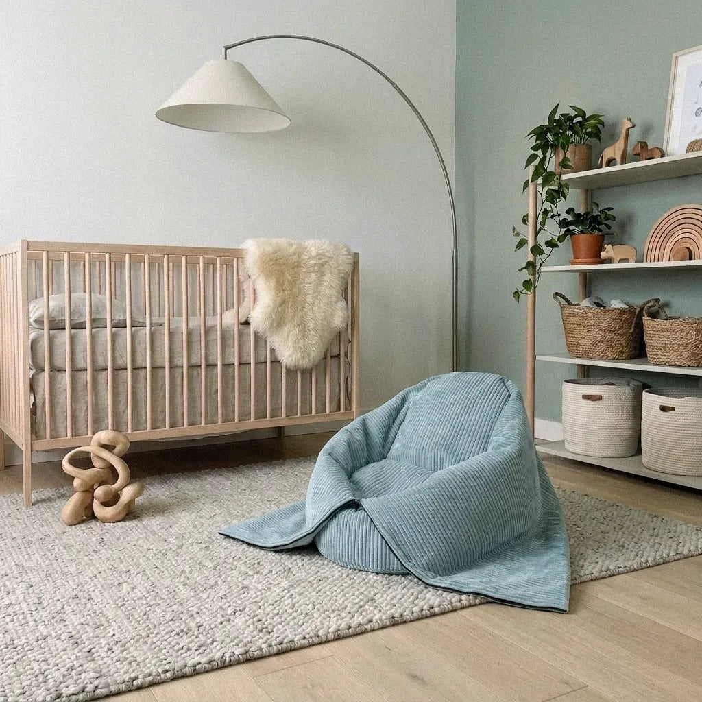 Modern nursery with a wooden crib, blue corduroy beanbag chair, arched floor lamp, and open shelving in a soft, calm palette.