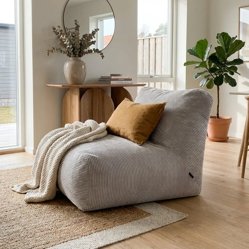 Cozy living room with a grey corduroy floor chair, mustard pillow, knitted throw, and modern minimalist decor.
