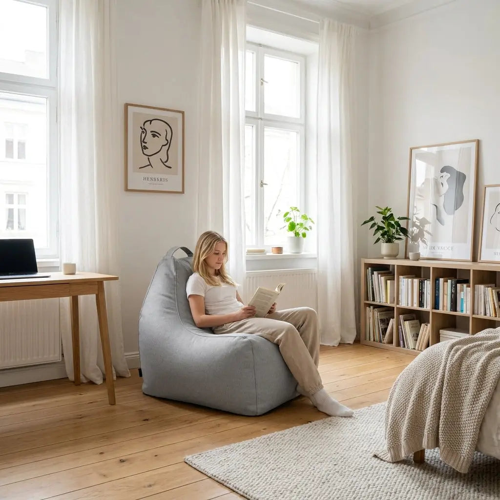 Cozy, minimalist Scandinavian-style bedroom with a girl reading in a grey beanbag chair, wooden furniture, and neutral decor.