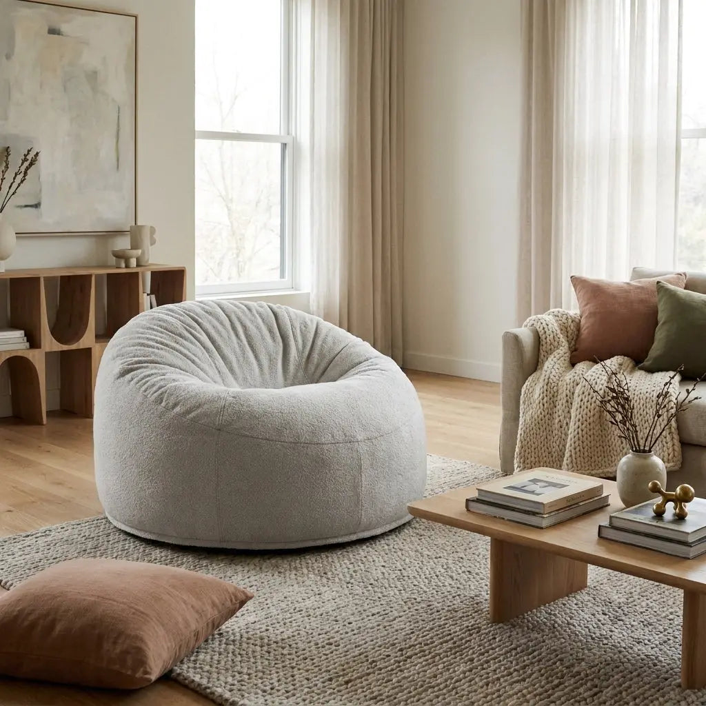 Modern living room featuring a cozy white boucle beanbag chair, wooden coffee table, and soft neutral decor.