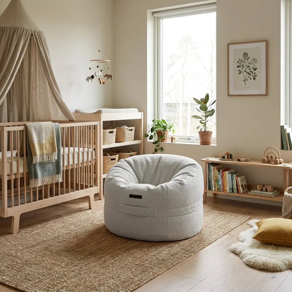 Barnfåtölj Roll 80 Madu White styled in a cozy, modern nursery with a crib, natural rug, and minimalist decor.