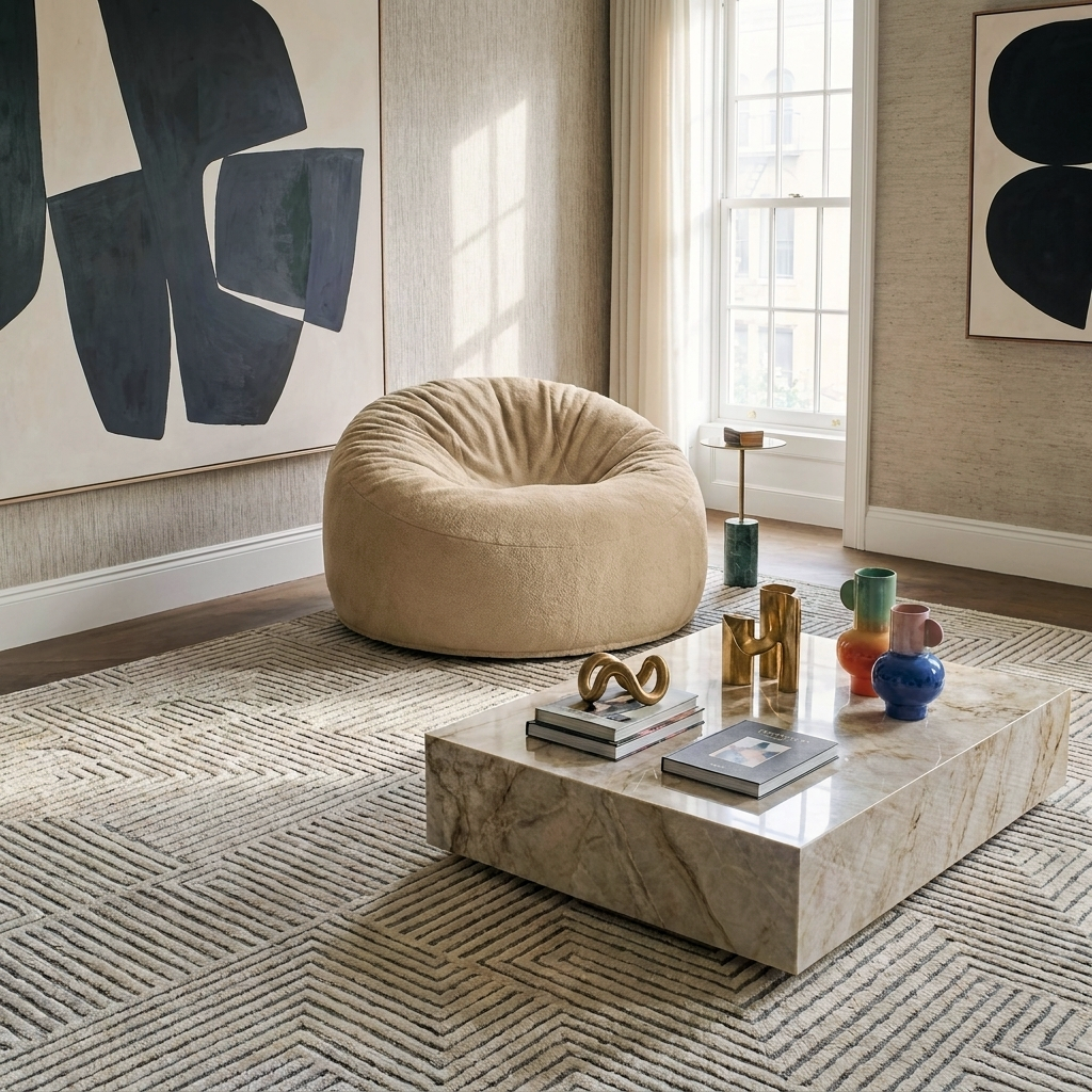 Modern living room with a beige beanbag chair, marble coffee table, abstract wall art, and geometric patterned rug.