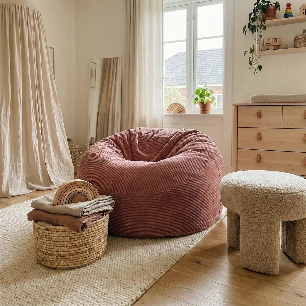 A cozy nursery featuring the Fåtölj Sittsäck Om 110 Waves Coral bean bag chair in a soft, corduroy coral fabric.
