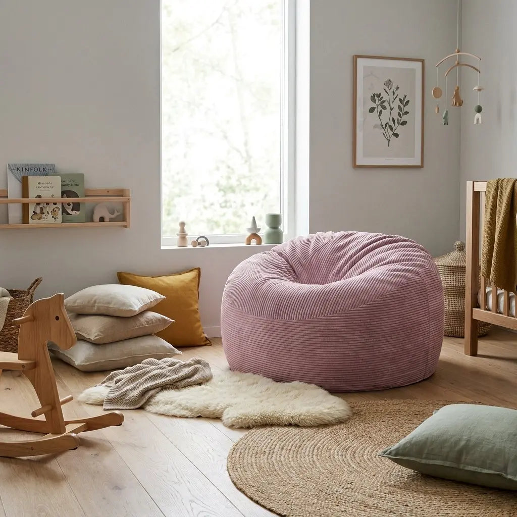 Cozy, modern nursery featuring a pink corduroy beanbag chair, wooden rocking horse, and neutral decor in a soft, airy room.