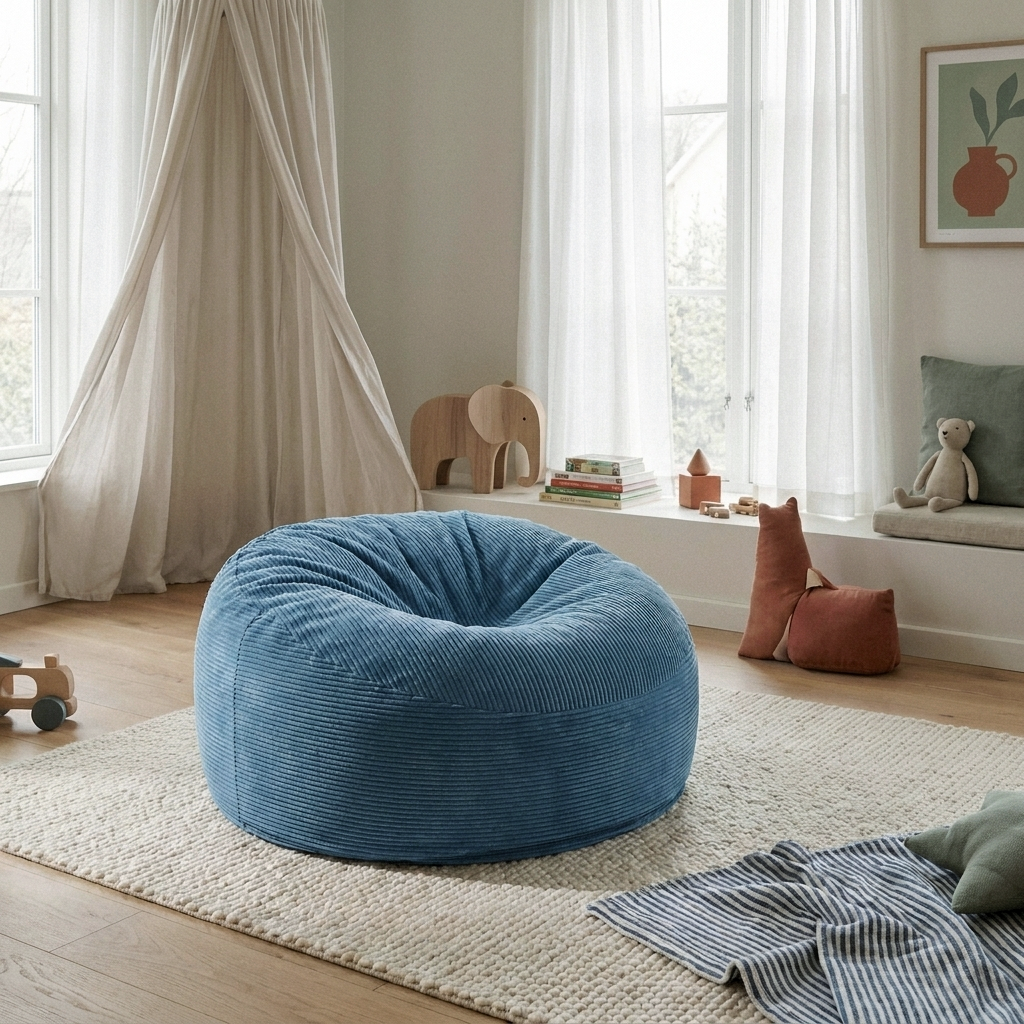 Cozy, modern nursery featuring a blue corduroy bean bag chair, wooden elephant decor, and soft neutral textiles.