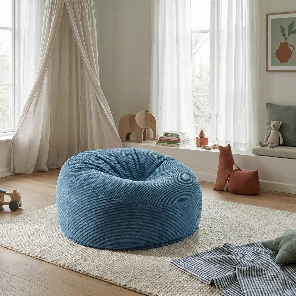 Cozy, modern nursery featuring a blue corduroy bean bag chair, wooden elephant decor, and soft neutral textiles.