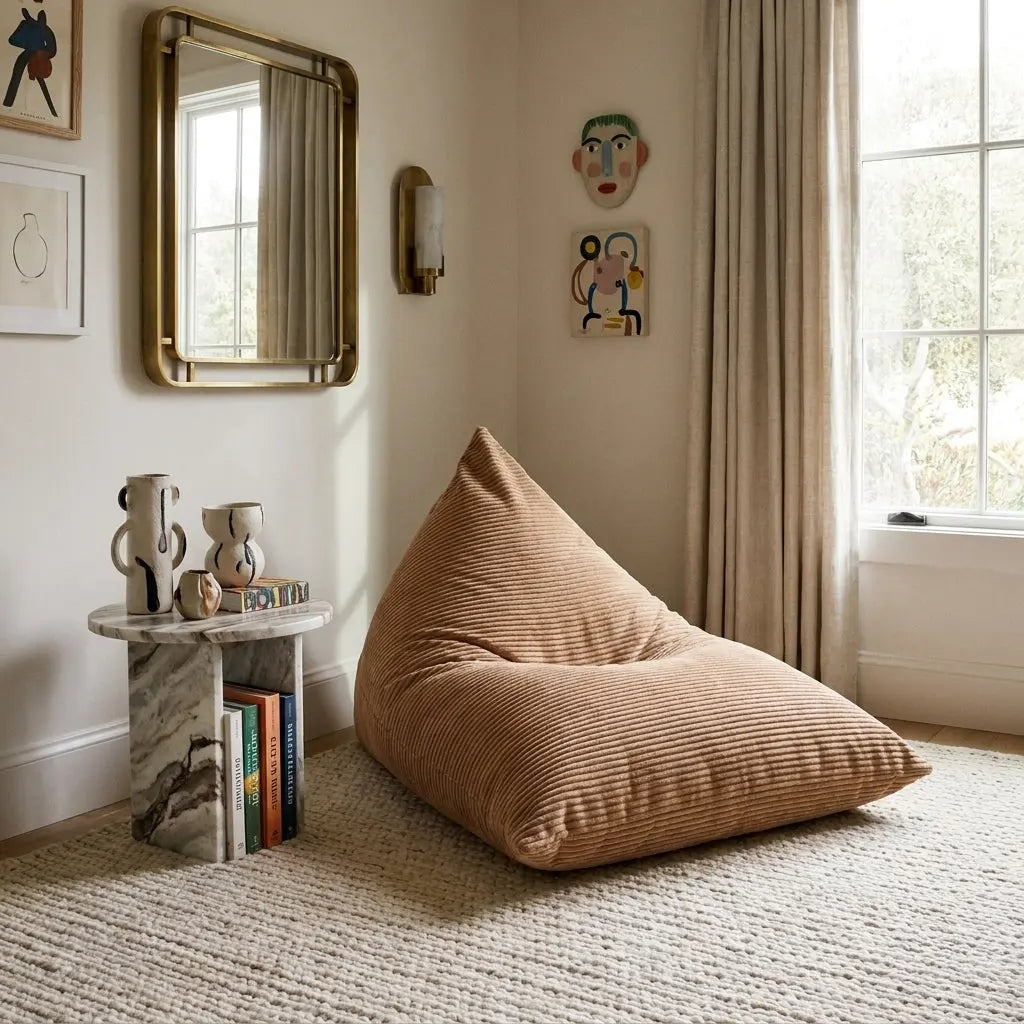 Sittsäck Barnfåtölj Razzy Waves Sand in a cozy, modern living room with marble side table, textured rug, and wall art.