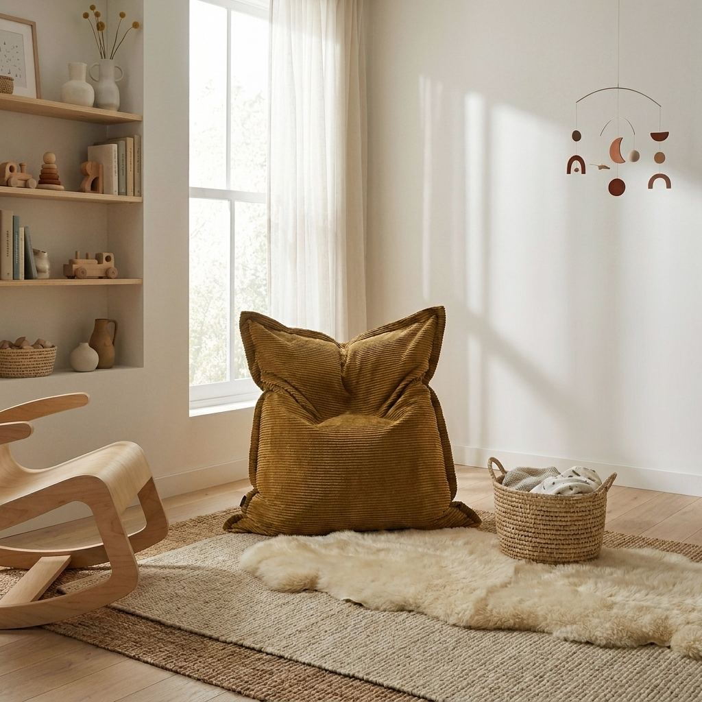 Mustard corduroy beanbag for kids in a cozy, minimalist nursery with a wooden rocking chair and neutral decor.