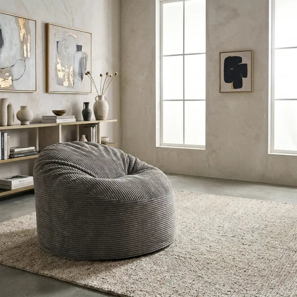 Barnfåtölj Sittsäck Om 85 Waves Dark Grey in a modern, neutral living room setting with a textured rug and minimalist decor.