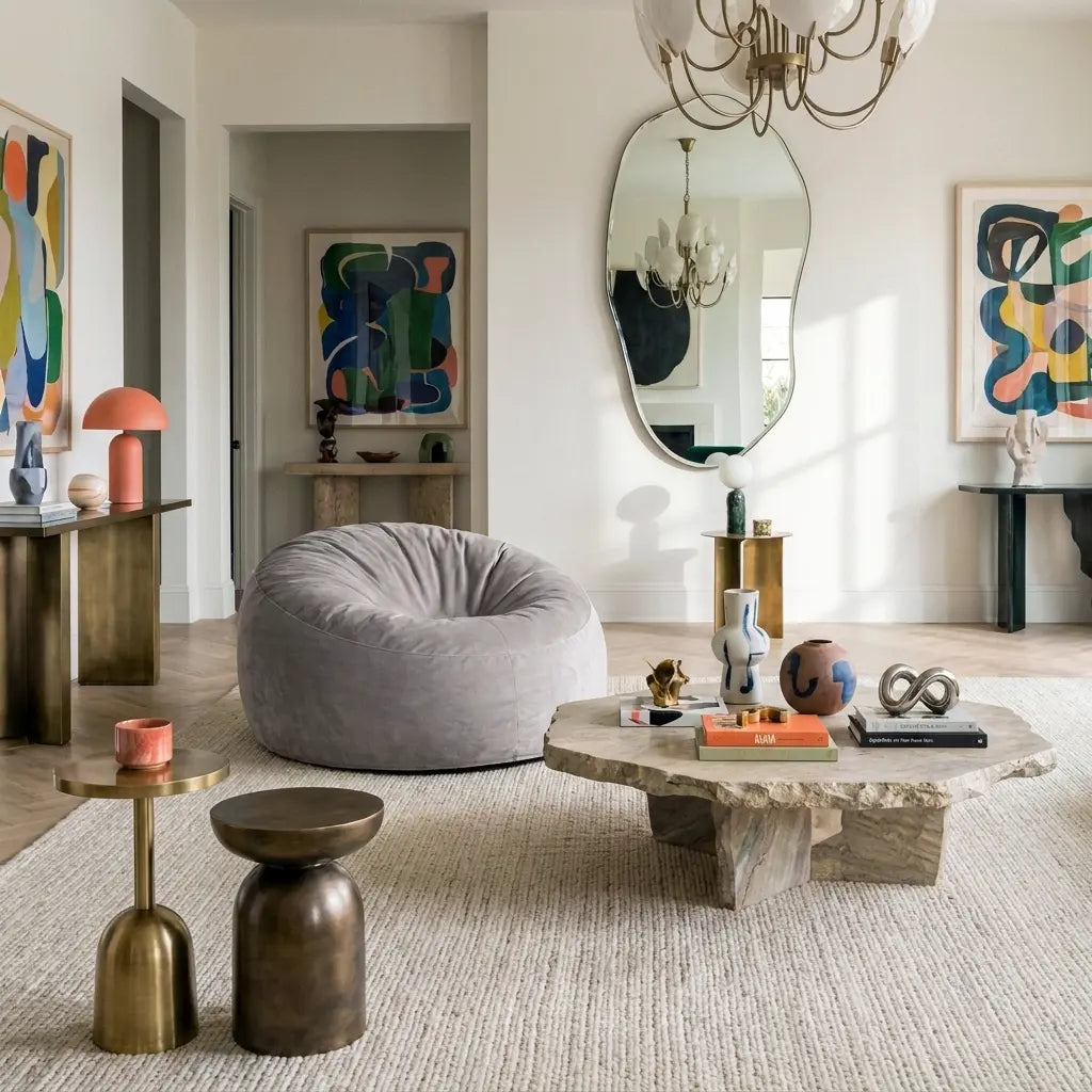 Modern living room with a grey beanbag chair, organic stone coffee table, brass accents, and colorful abstract art.