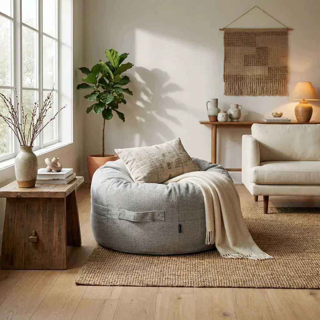 Cozy modern living room featuring a grey beanbag chair, wooden side table, fiddle leaf fig plant, and neutral decor.
