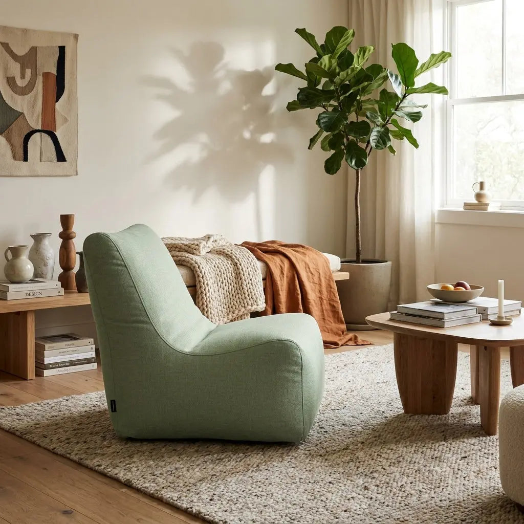 Modern living room with a sage green lounge chair, textured rug, fiddle leaf fig plant, and warm, minimalist decor.