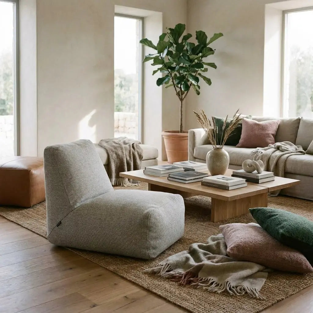 Modern living room with a neutral color palette, cozy textured furniture, a wooden coffee table, and a large fiddle leaf fig.