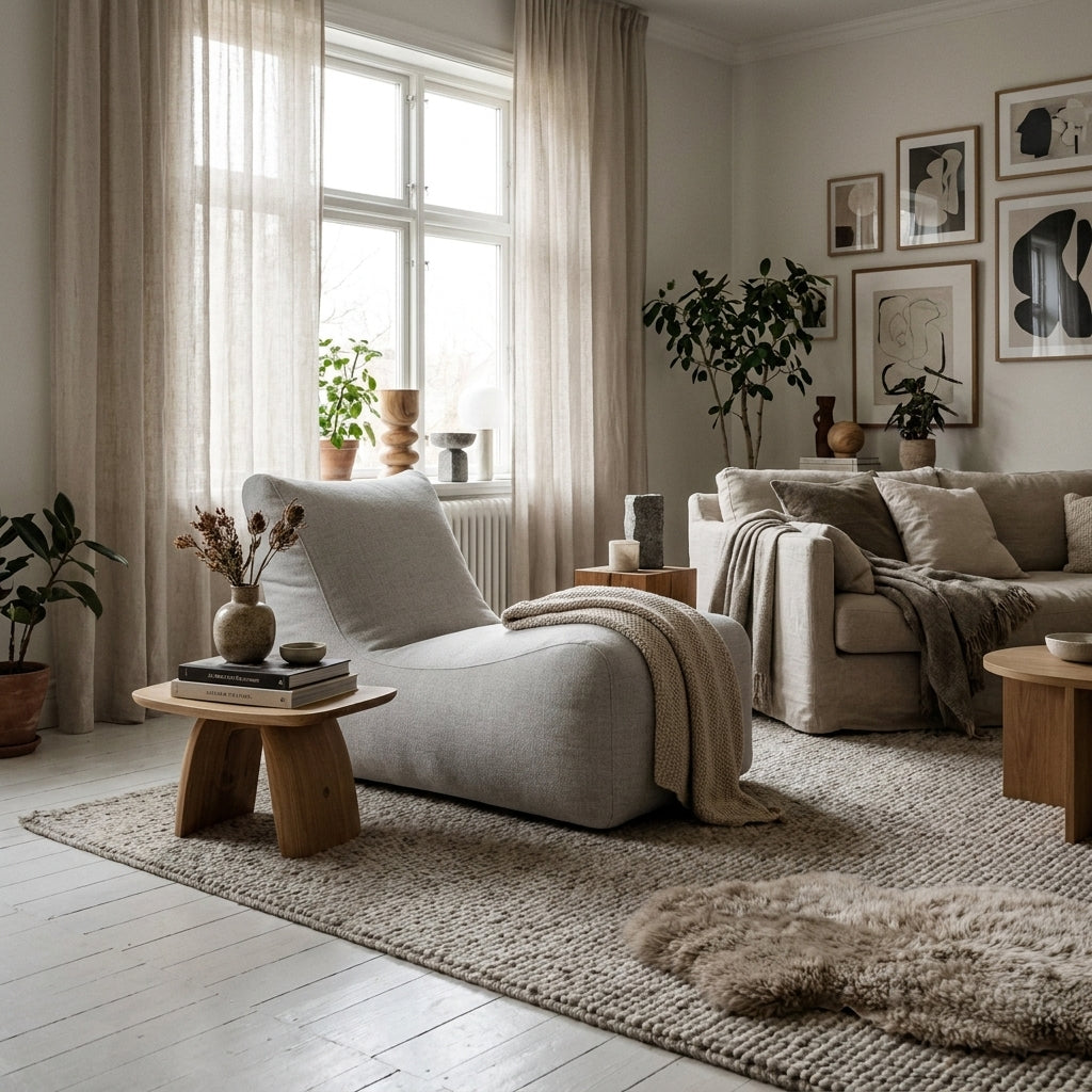A cozy, minimalist living room with a neutral color palette, modern lounge chair, textured rug, and gallery wall art.