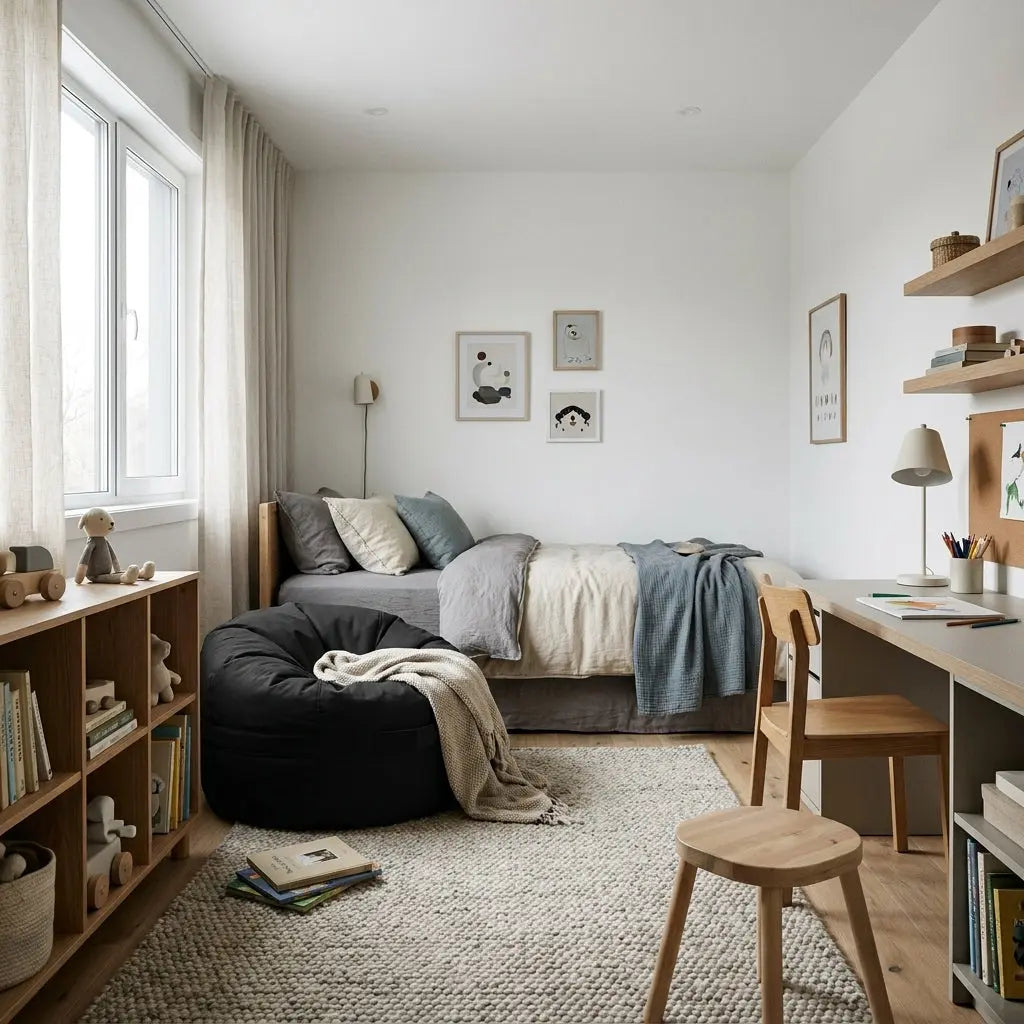 A cozy children's bedroom features the Barnfåtölj Roll 80 Colorin Black beanbag chair, styled with a soft throw on a rug.