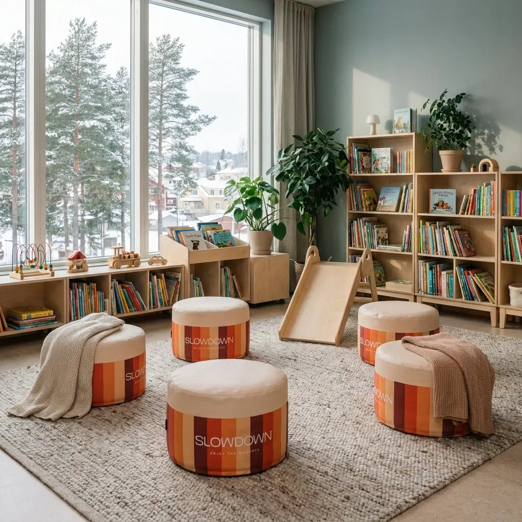 Midi 40 sittpuff med tryck 60x60x40cm i en modern loungemiljö med böcker och leksaker.