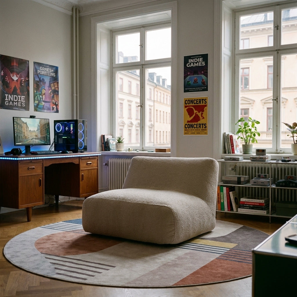 A cream-colored Sittsäck Soffa Tube Madu chair centered on a patterned rug in a bright, modern home office gaming setup.