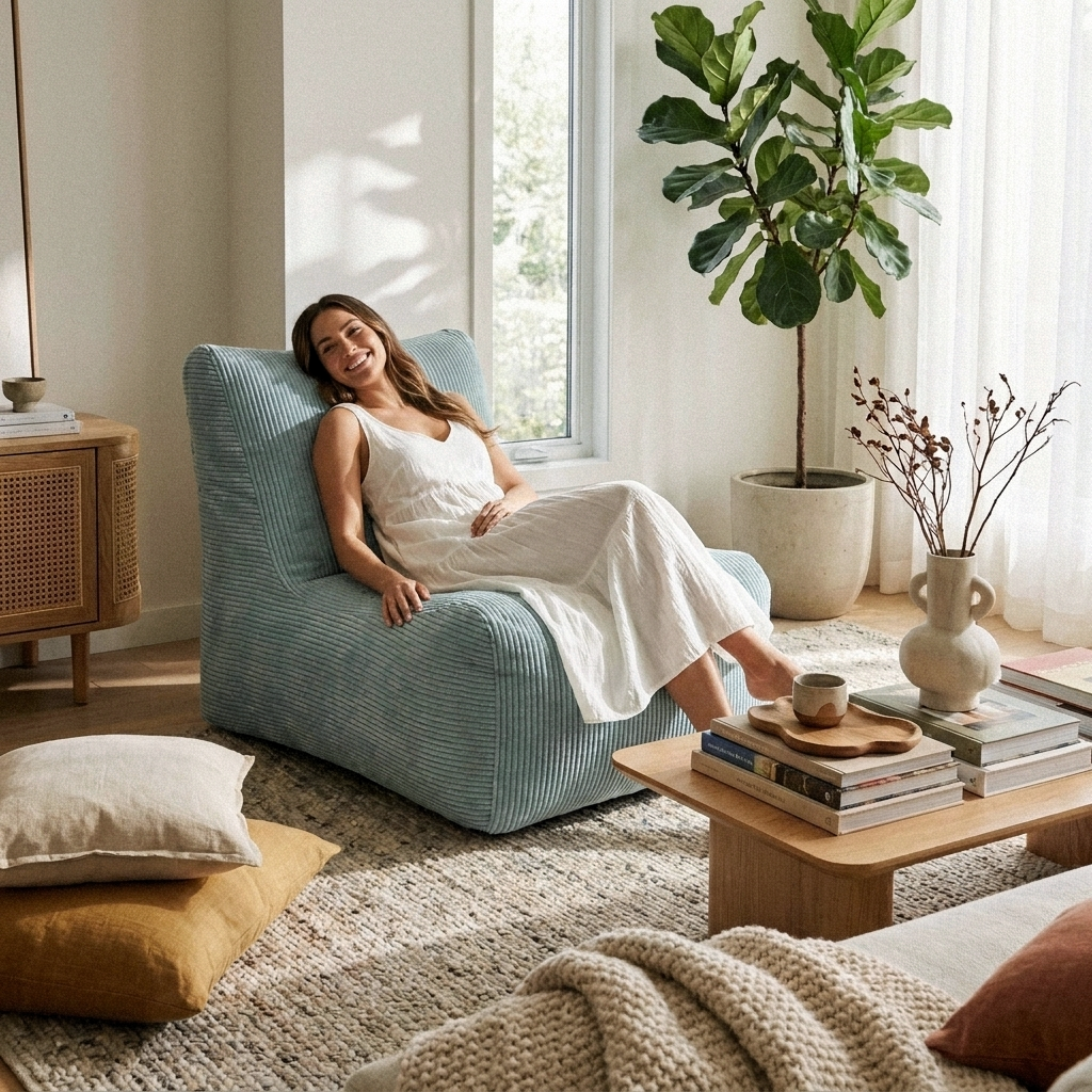 A woman relaxes in a Sittsäck Lounge Waves Mint corduroy chair, styled in a bright, modern living room with natural decor.