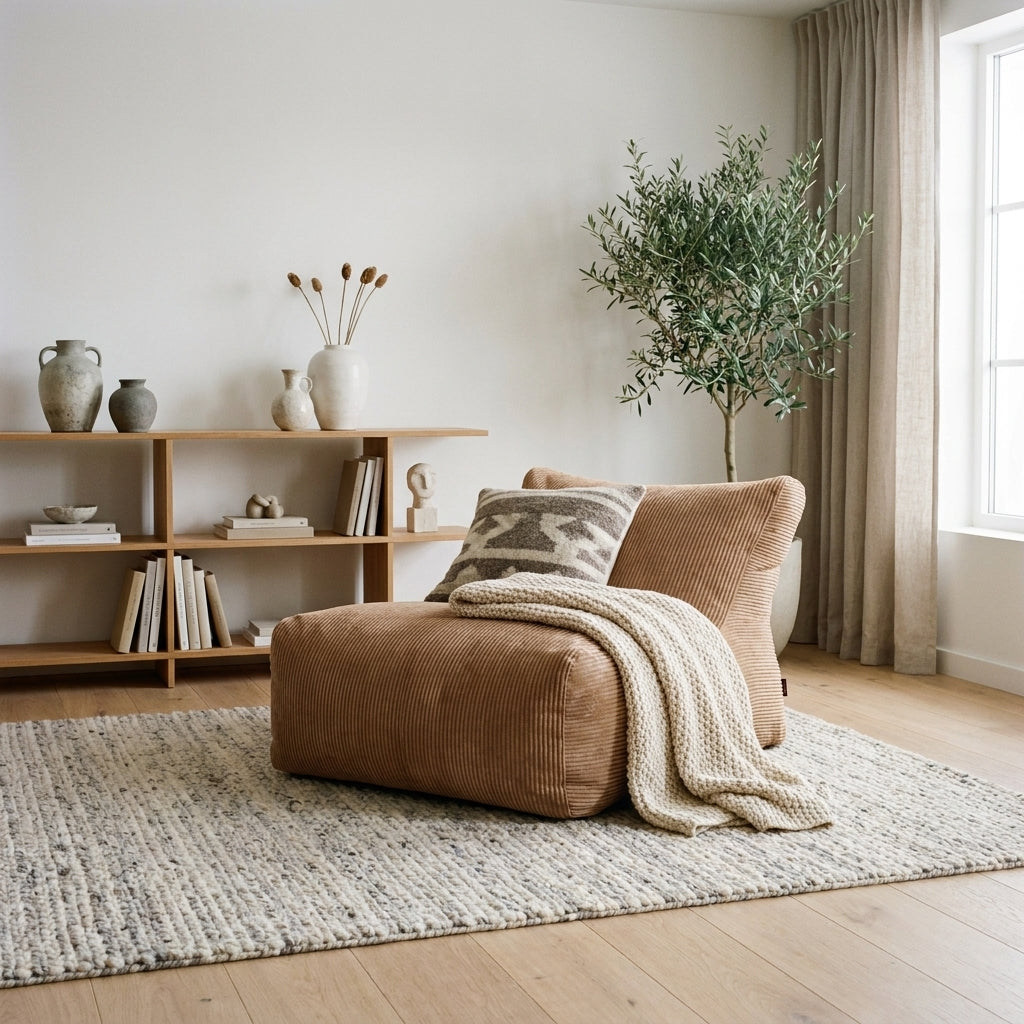 Modern minimalist living room featuring a beige lounge chair, textured throw blanket, and stacked books on a chunky rug.